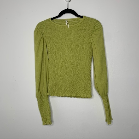 Anthropologie ruched yellow green long sleeve top - Picture 2 of 11